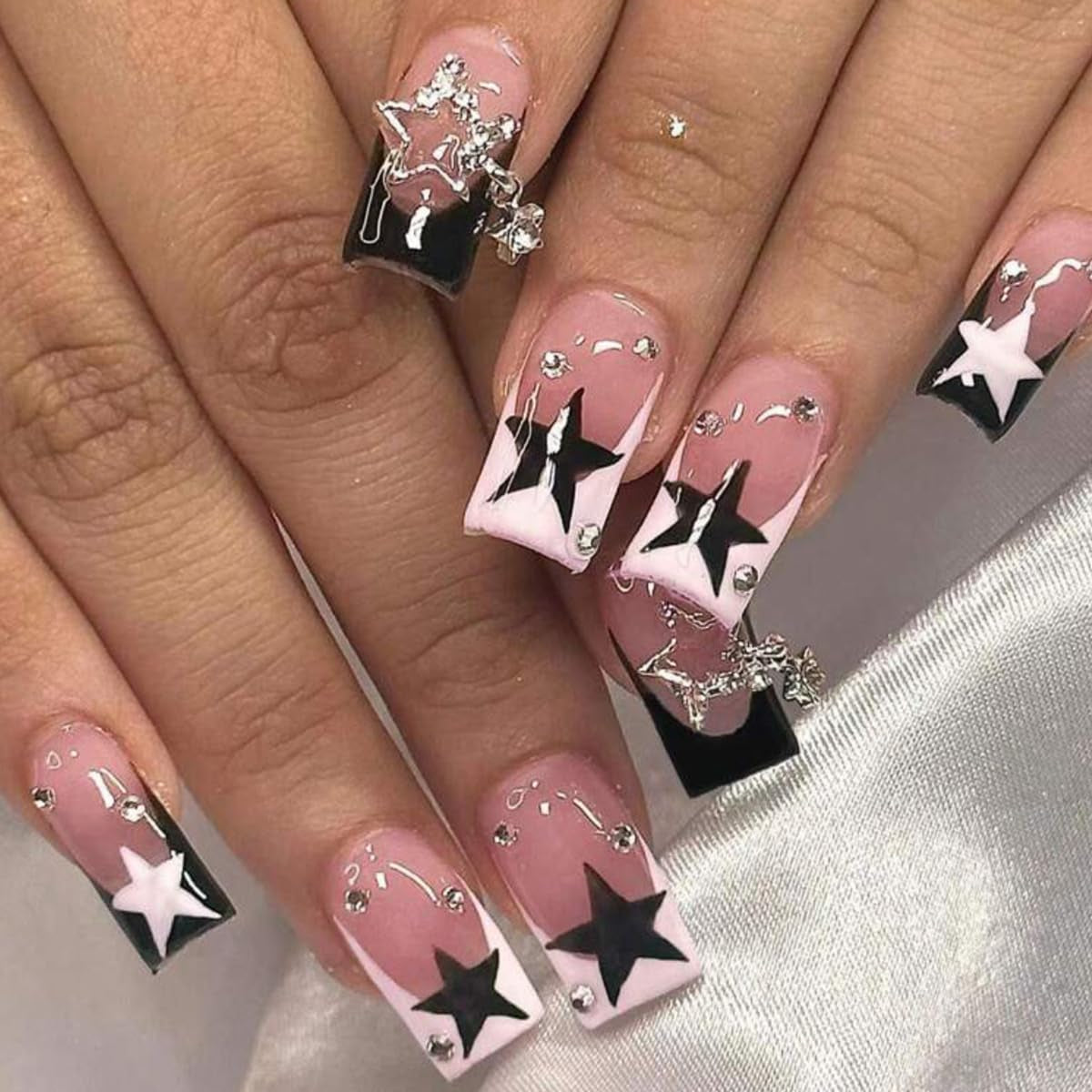 24 Pcs Pink Press on Nails Medium Square - Winter Fake Nails Press Ons White French Nail Art Tips Glue on Nails Full Cover False Nails with Charms Pentagram Design Stick on Nails Acrylic Nail