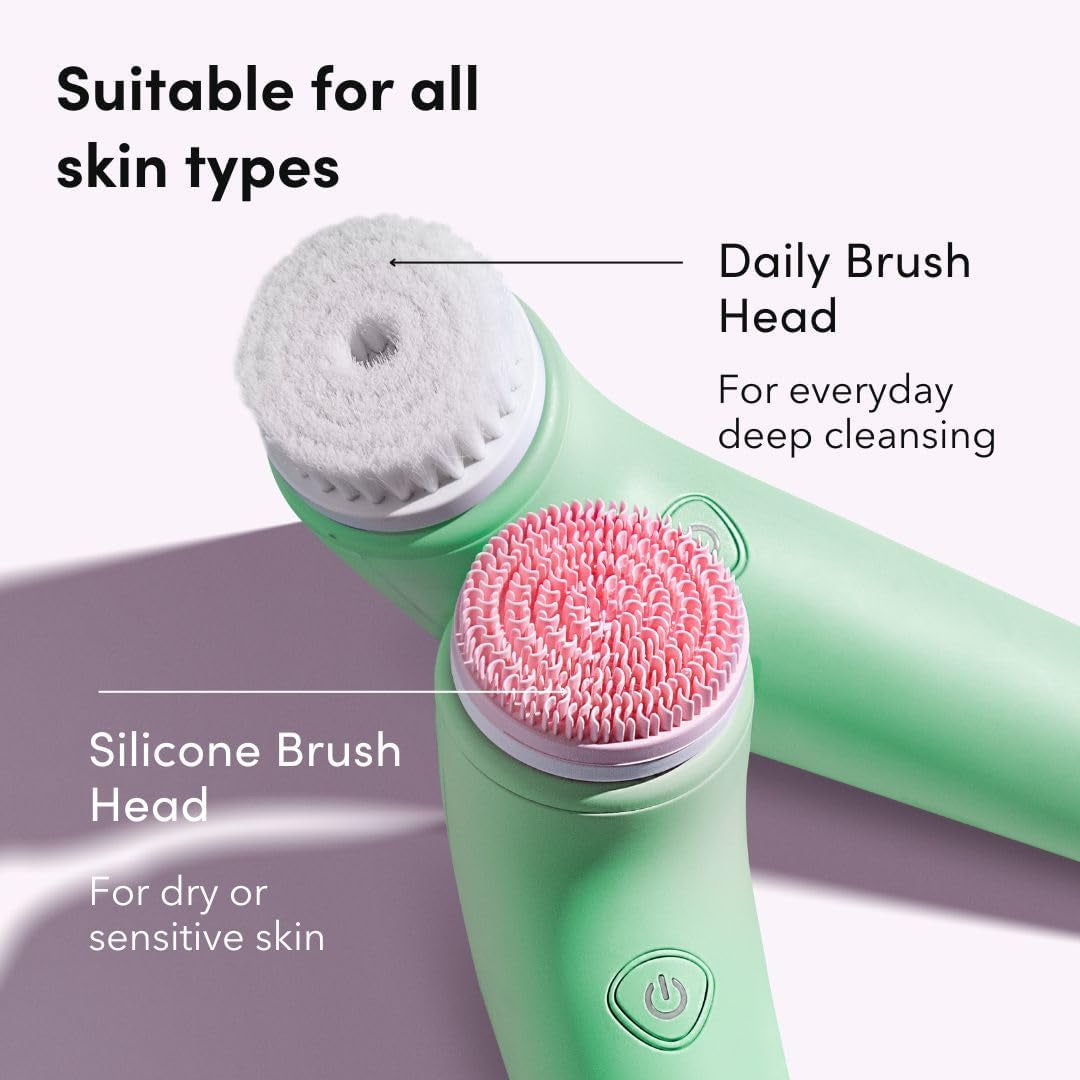 Facial Cleansing Brush with Self Cleaning Station, Rechargeable & Waterproof - Electric Face Scrubber for Gentle Exfoliation and Deep Scrubbing - 2 Exfoliating Brush Heads, Skylar (Green)