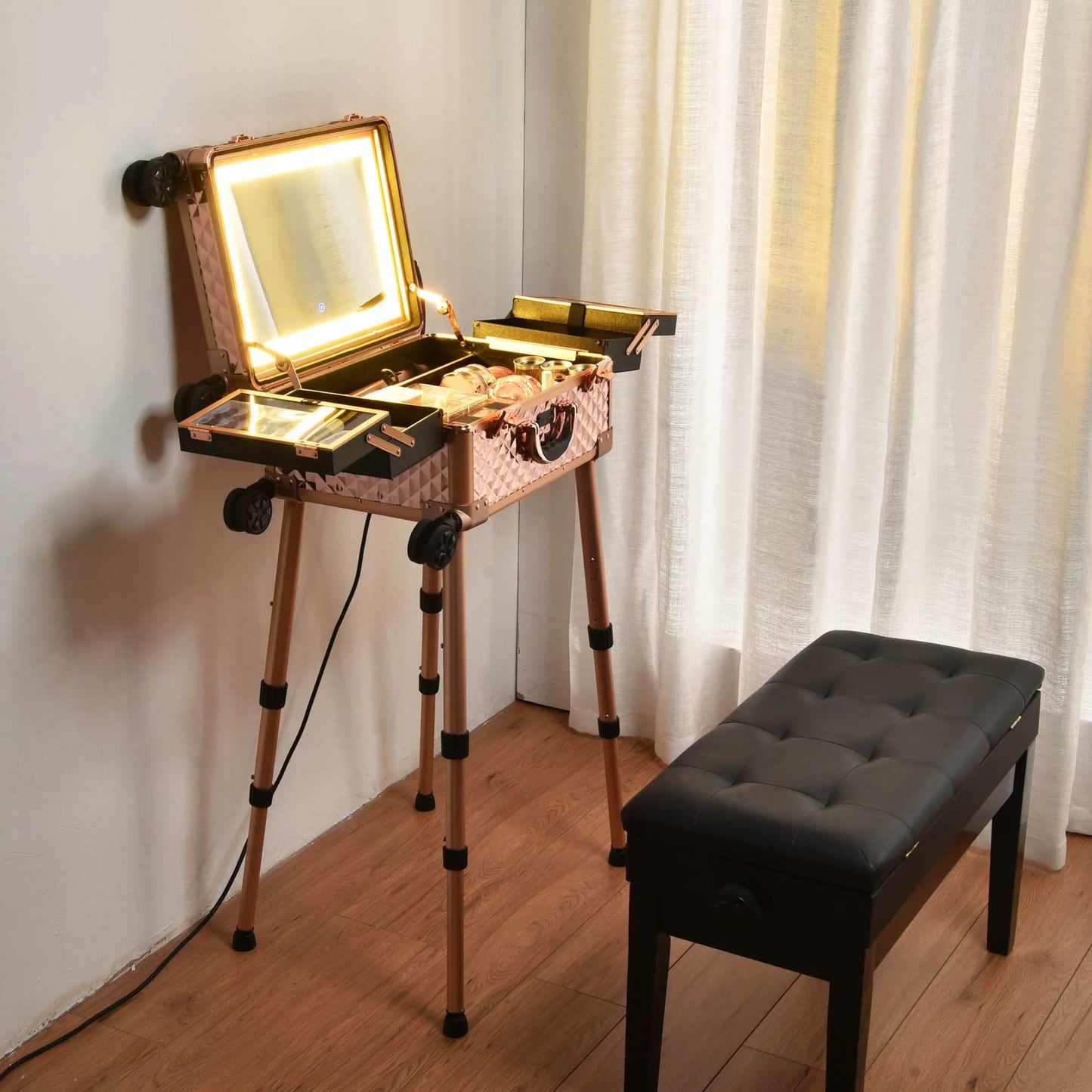 Rolling Makeup Case Mirror LED Lighted 20Inch Adjustable Brightness Extendable Tray for Makeup Artist Travel Studio