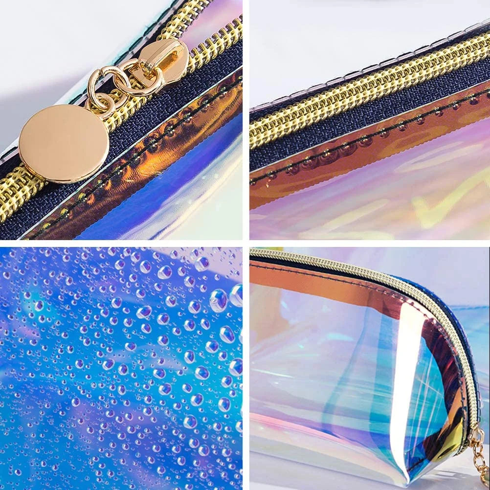 100Pcs/Lot Custom Logo Holographic PVC Zipper Cosmetic Bags – Waterproof Transparent Laser Travel Makeup Pouches for Women