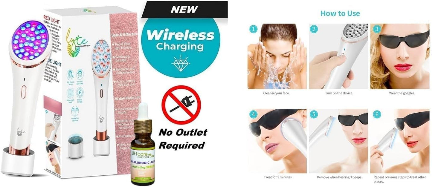 Lyte Wireless Dual Red & Blue LED Light Therapy for Face Includes Hyaluronic Serum Automatic Contact Sensor 2-In-1 Blue and Red LED Light Therapy for Face Wrinkle Reduction Device