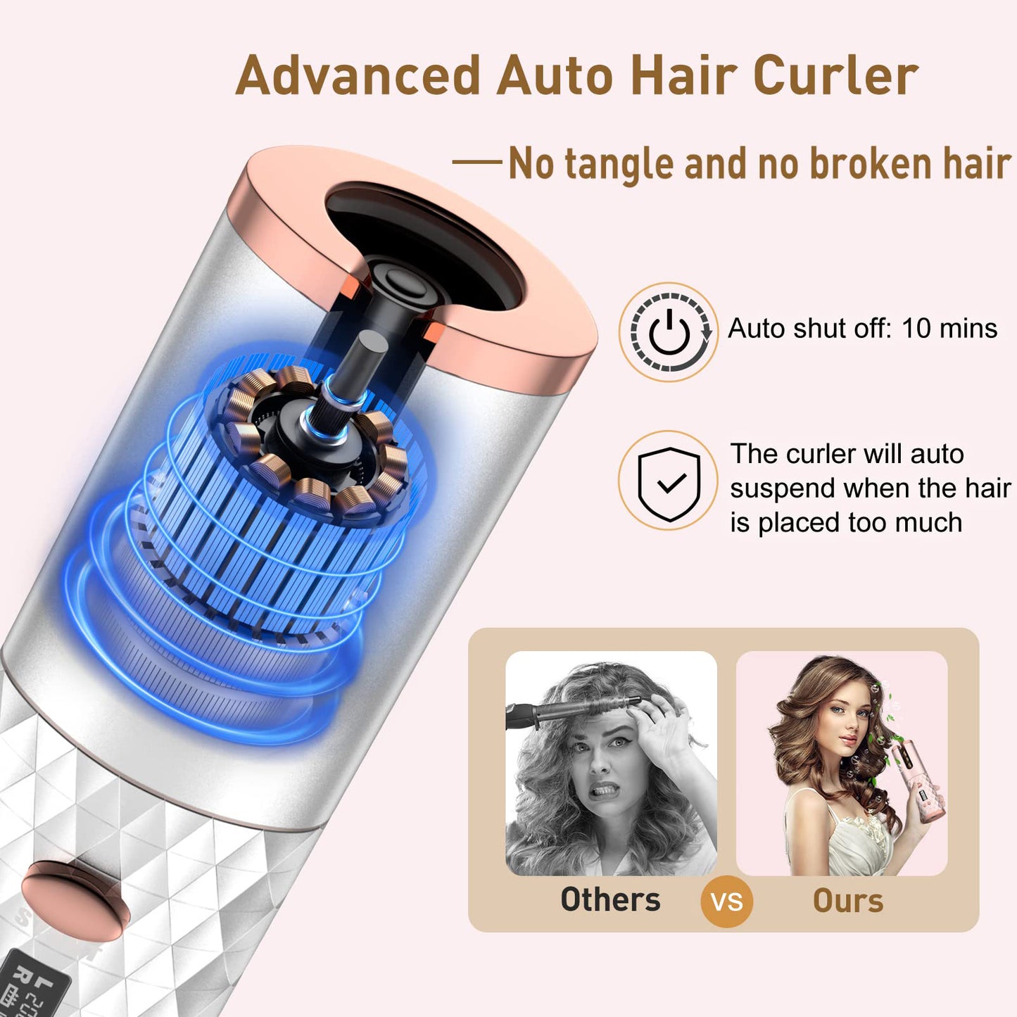 Portable Automatic Hair Curler, Ceramic Rotating Wireless Auto Curling Iron Wand, Portable USB Rechargeable Spin Curler for Hair Styling