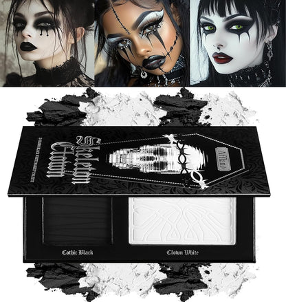 Black White Makeup Palette, White Pressed Setting Powder Goth Halloween Black Gothic Foundation & Eyeshadow Kit, Matte Finish for Smokey Eyes, High-Pigment Face Paint Skeleton Cosplay & Costume Looks