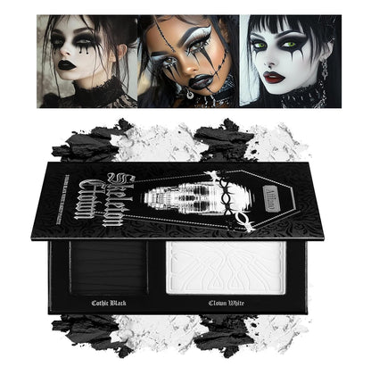 Black White Makeup Palette, White Pressed Setting Powder Goth Halloween Black Gothic Foundation & Eyeshadow Kit, Matte Finish for Smokey Eyes, High-Pigment Face Paint Skeleton Cosplay & Costume Looks