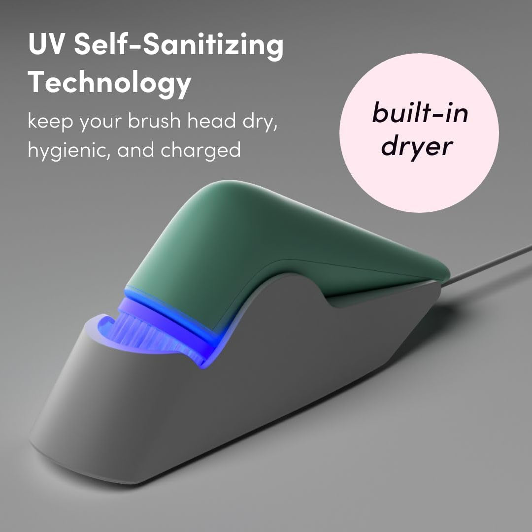 Facial Cleansing Brush with Self Cleaning Station, Rechargeable & Waterproof - Electric Face Scrubber for Gentle Exfoliation and Deep Scrubbing - 2 Exfoliating Brush Heads, Skylar (Green)