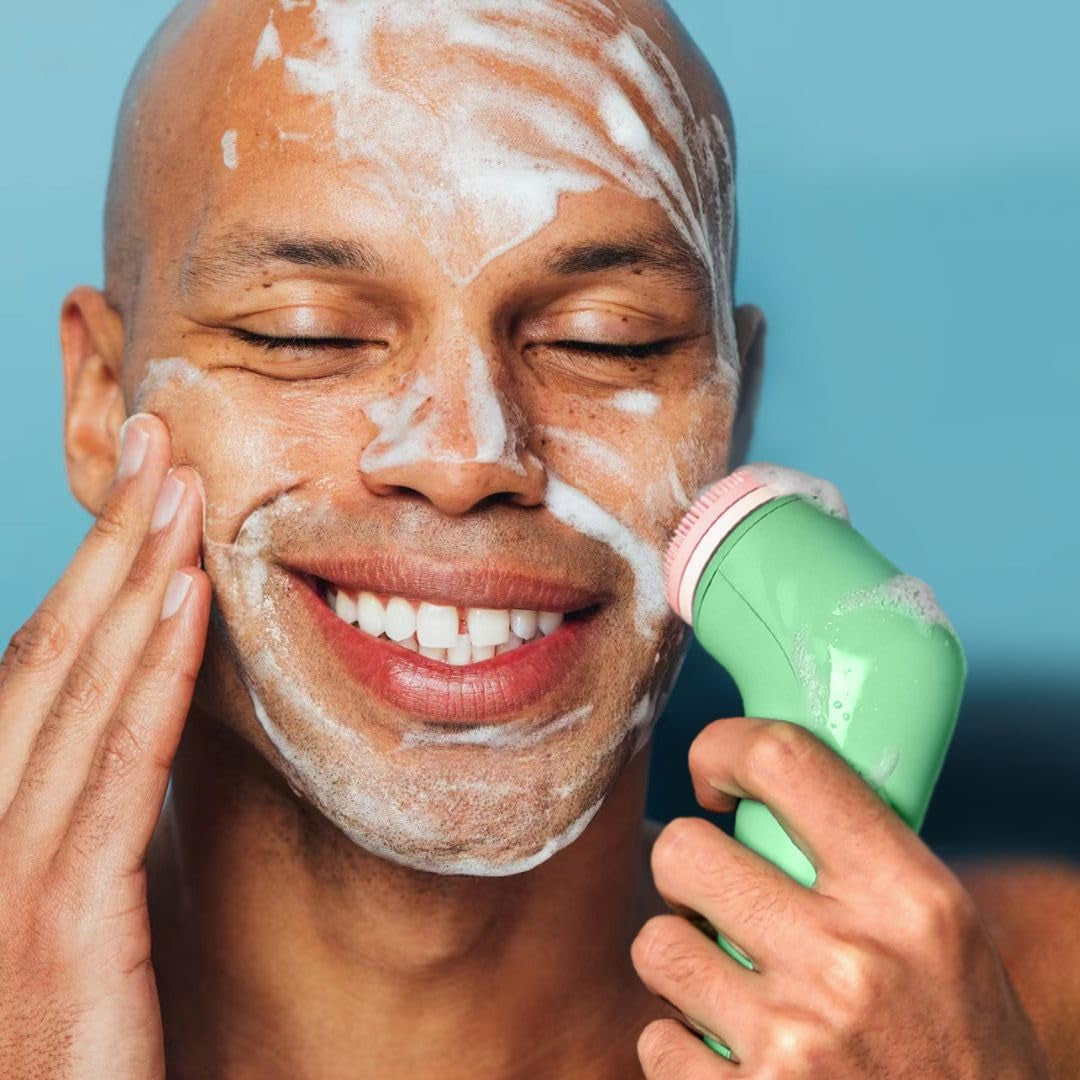 Facial Cleansing Brush with Self Cleaning Station, Rechargeable & Waterproof - Electric Face Scrubber for Gentle Exfoliation and Deep Scrubbing - 2 Exfoliating Brush Heads, Skylar (Green)