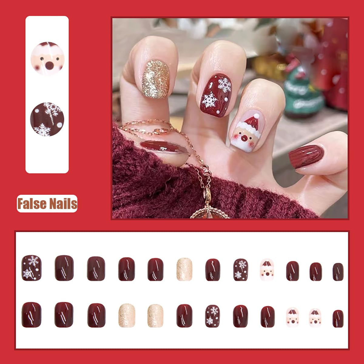 24Pcs Christmas Fake Nails Short Square Press on Nails Cute Santa Claus Glue on Nails Winter Snowflake False Nails Gold Glitter Full Cover Coffin Christmas Acrylic Nails for Women Manicure Decoration