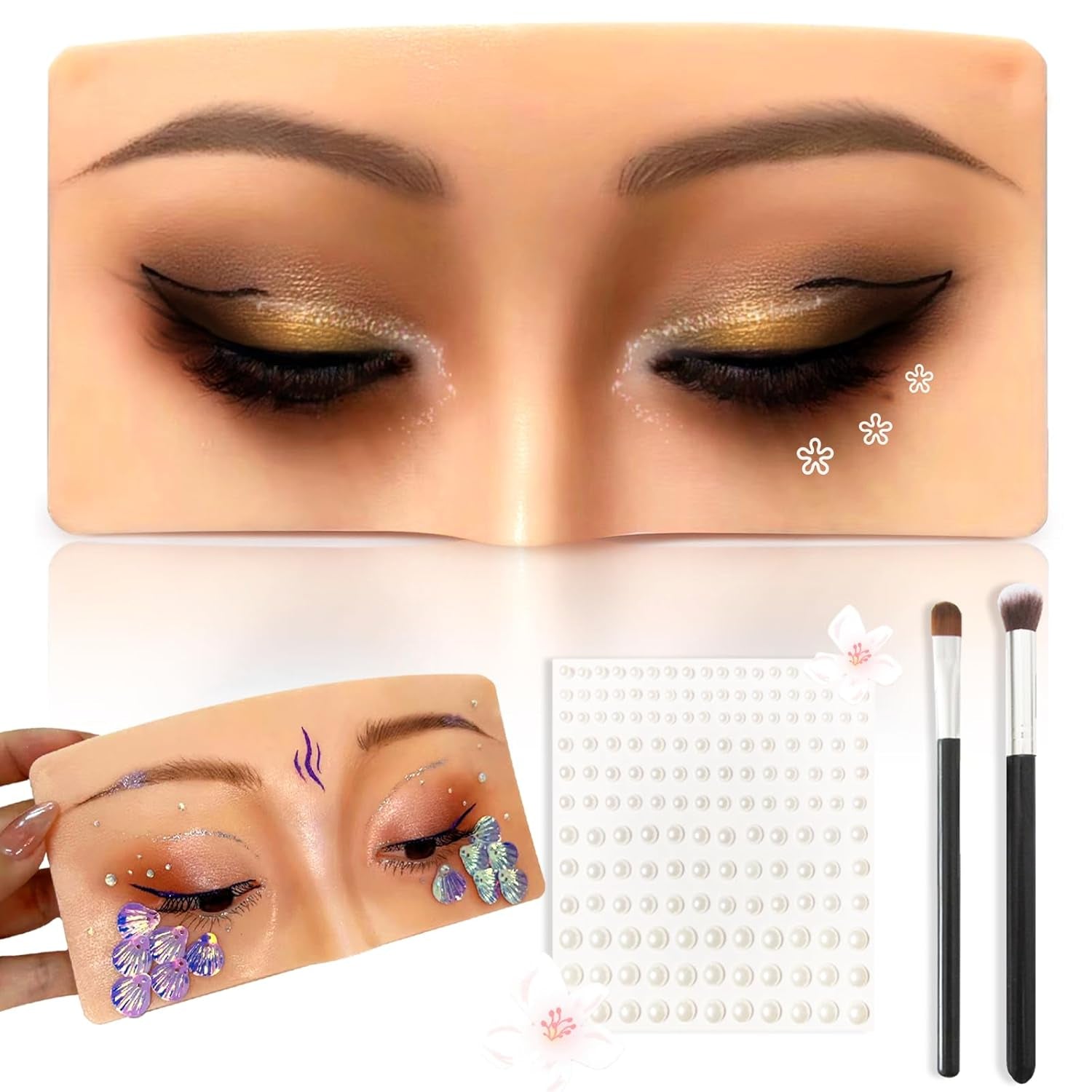 Wheat Silicone Makeup Practice Board with Pearl Stickers and Brushes - Suitable for Makeup Artists and Beginners