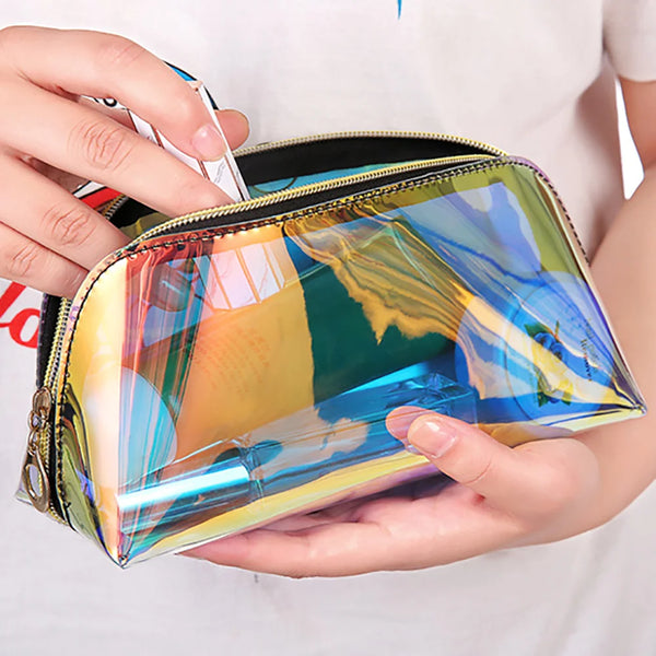 100Pcs/Lot Custom Logo Holographic PVC Zipper Cosmetic Bags – Waterproof Transparent Laser Travel Makeup Pouches for Women