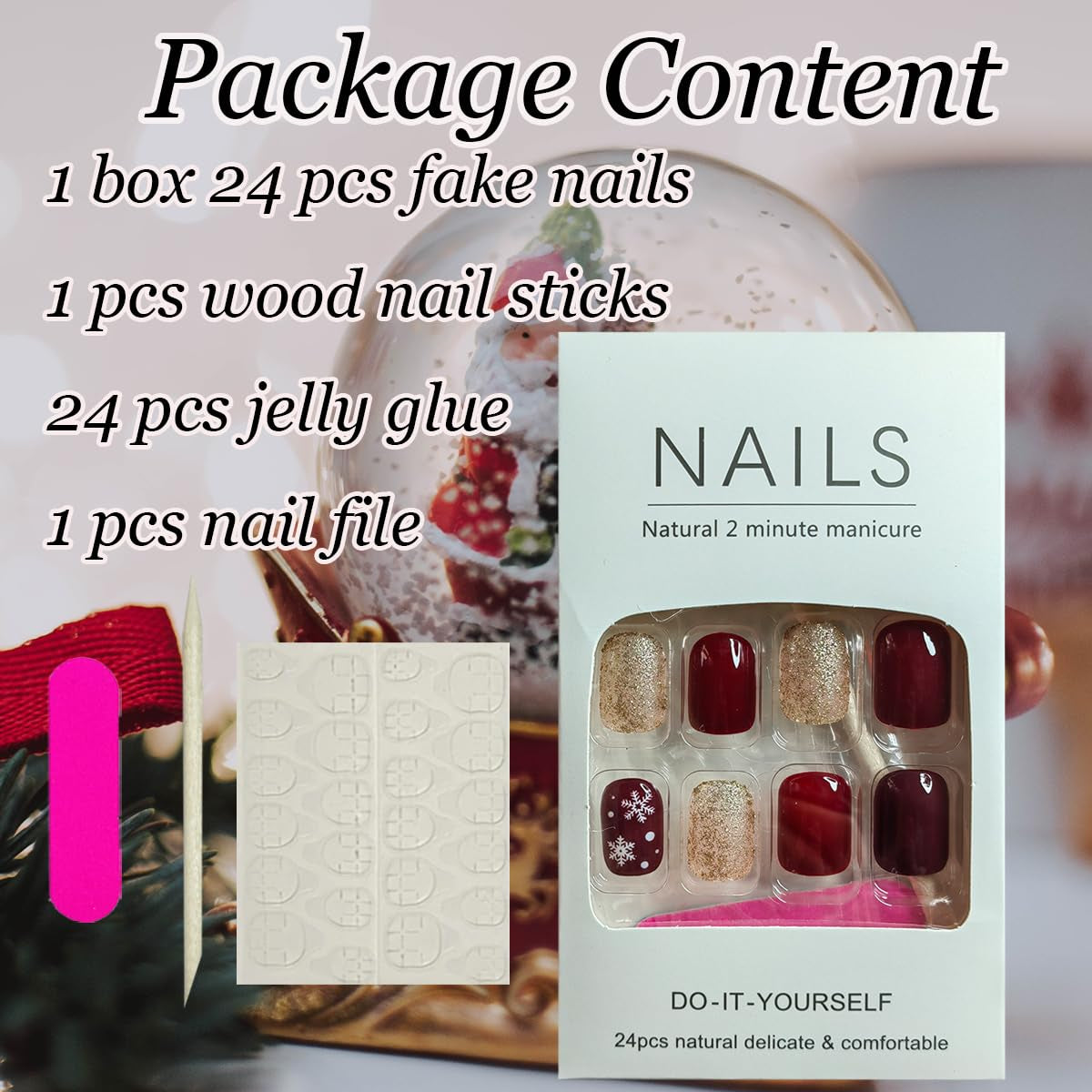 24Pcs Christmas Fake Nails Short Square Press on Nails Cute Santa Claus Glue on Nails Winter Snowflake False Nails Gold Glitter Full Cover Coffin Christmas Acrylic Nails for Women Manicure Decoration