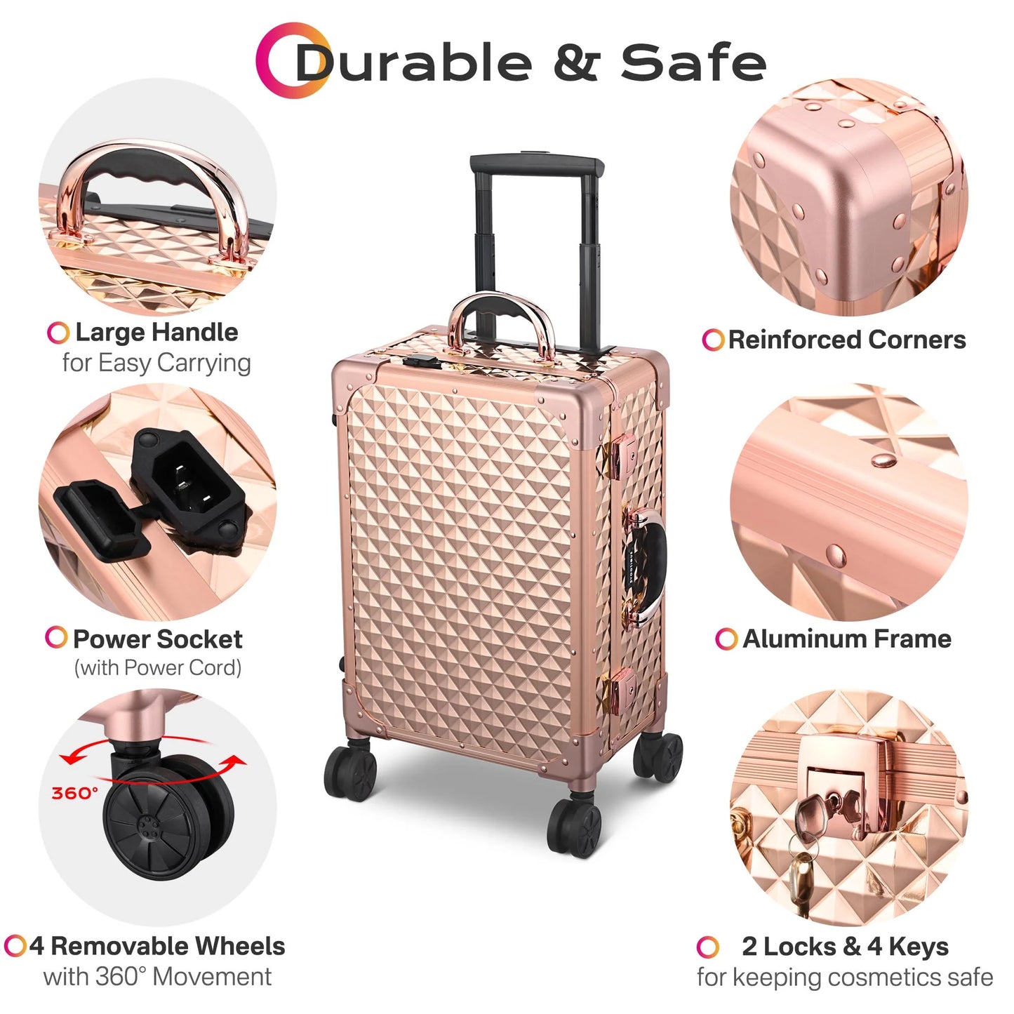 Rolling Makeup Case Mirror LED Lighted 20Inch Adjustable Brightness Extendable Tray for Makeup Artist Travel Studio