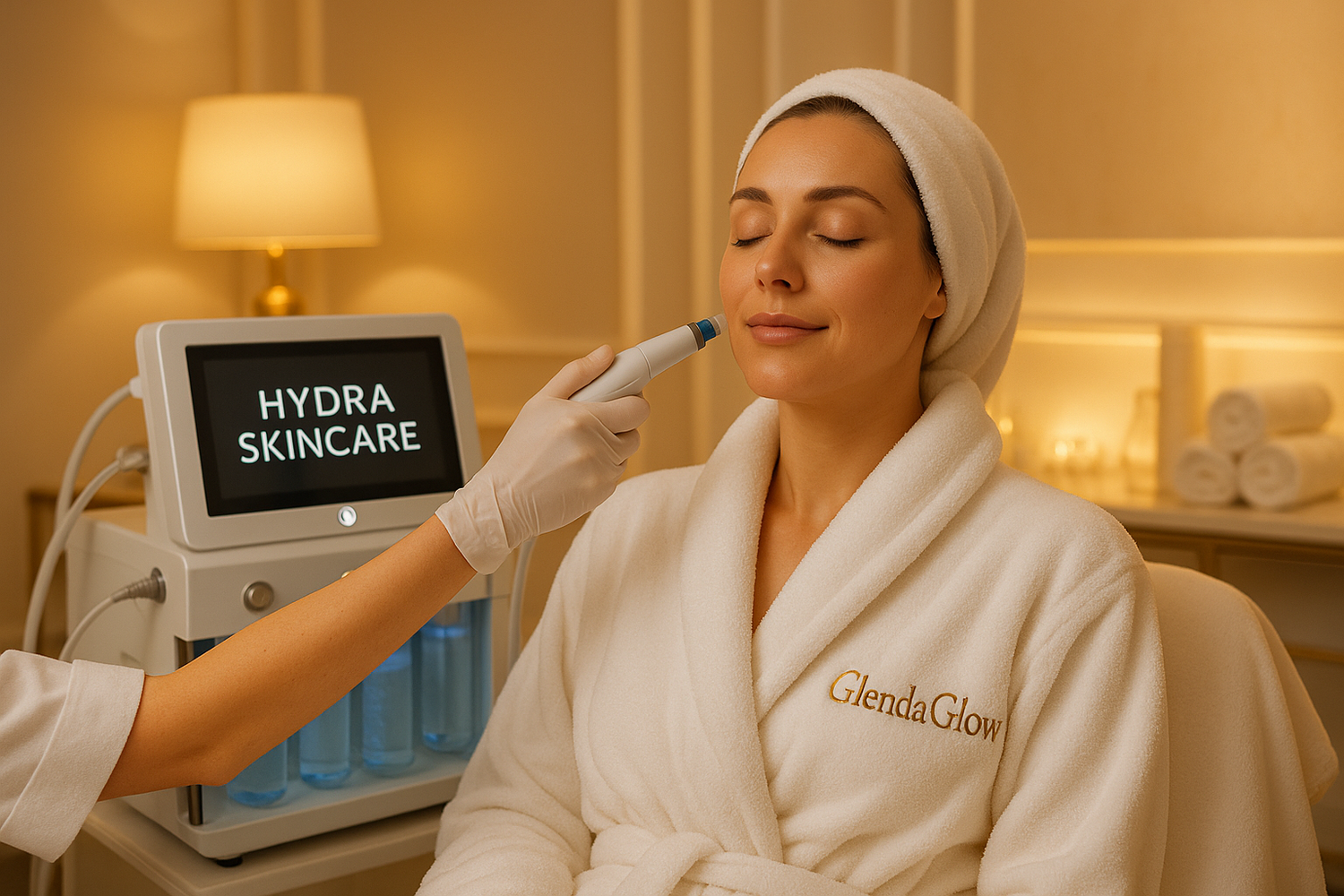 A woman in a GlendaGlow spa rob using the Hydra SkinCare machine at GlendaGlow beauty and skincare