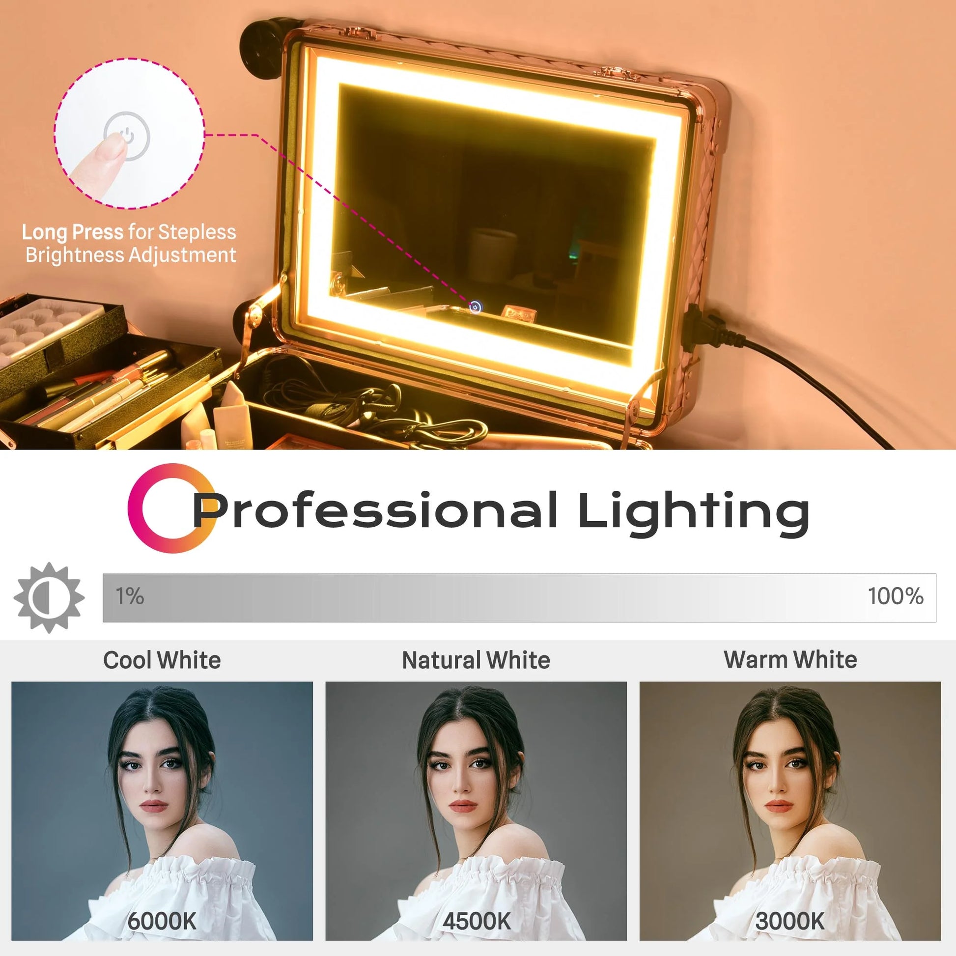 Rolling Makeup Case Mirror LED Lighted 20Inch Adjustable Brightness Extendable Tray for Makeup Artist Travel Studio