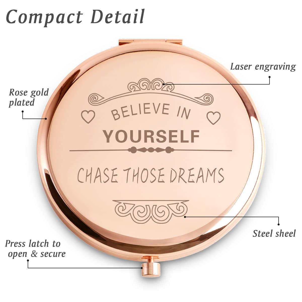 Inspirational Gifts for Women Girls, Personalized Compact Mirror, Friendship Gifts, 2025 Graduation Gifts for Her, Unique Mothers Day Birthday Gifts for Friends Mom Wife Sister Daughter Niece Grandma