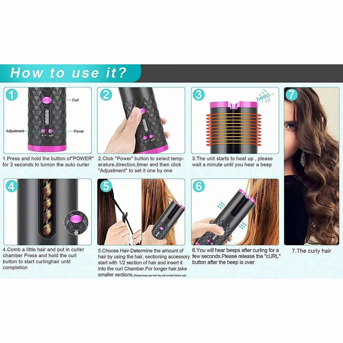 Portable Automatic Hair Curler, Ceramic Rotating Wireless Auto Curling Iron Wand, Portable USB Rechargeable Spin Curler for Hair Styling