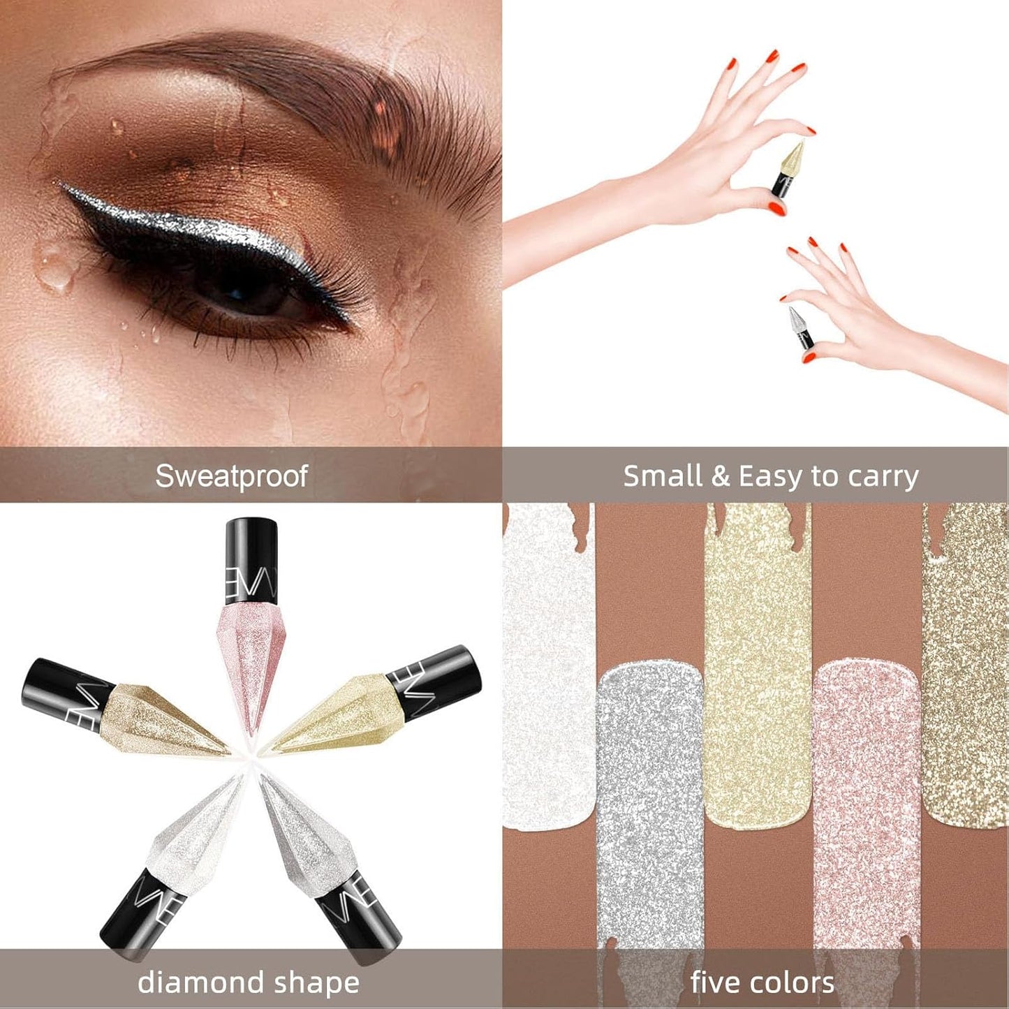 Glitter Diamond Eyeliner Set, 5 Colors Shimmer Waterproof Smudge Proof Long Lasting, Ultra Fine Tip Shiny, Quick Drying, High Pigment Sparkle for Women Girl