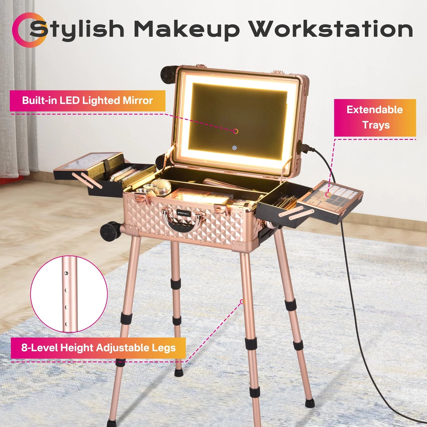 Rolling Makeup Case Mirror LED Lighted 20Inch Adjustable Brightness Extendable Tray for Makeup Artist Travel Studio