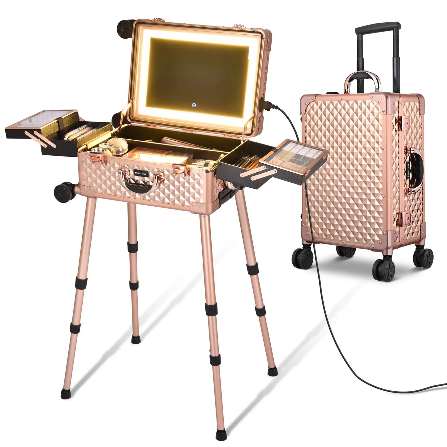 Rolling Makeup Case Mirror LED Lighted 20Inch Adjustable Brightness Extendable Tray for Makeup Artist Travel Studio