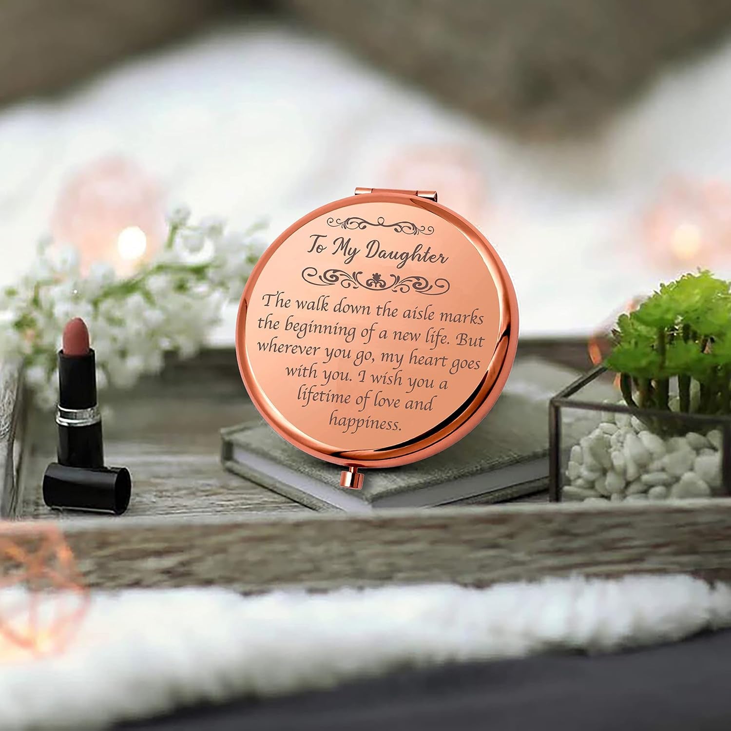 Daughter Wedding Gifts from Mom and Dad, Compact Rose Gold Makeup Mirrors Bridal Gifts on the Wedding Day, Wedding Souvenirs Girls' Gifts