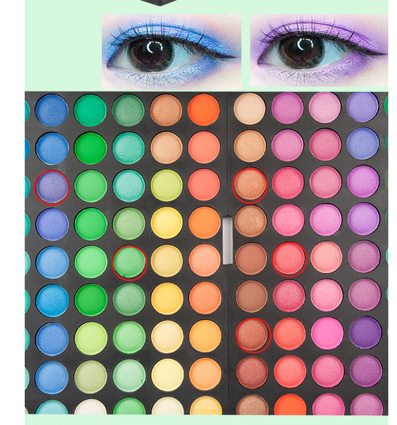 120 Color Eye Shadow Make-Up Tray with vibrant circular pans in blue, green, yellow, orange, pink, purple.