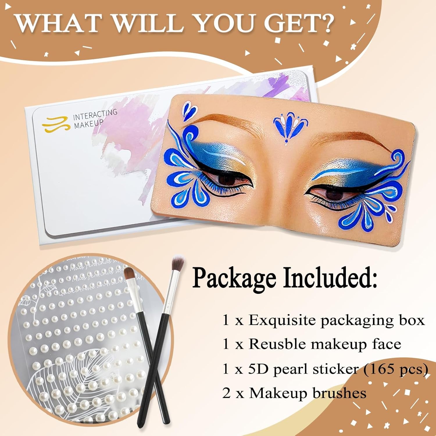 Wheat Silicone Makeup Practice Board with Pearl Stickers and Brushes - Suitable for Makeup Artists and Beginners