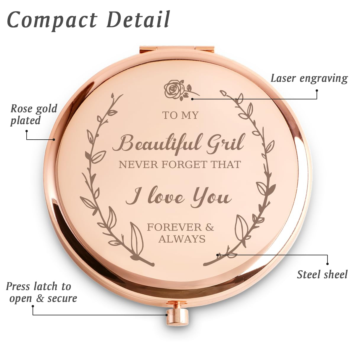 Gifts for Girls, Personalized Compact Mirror, Sentimental Mothers Day Birthday Gifts for Gilrs, Unique Graduation Present for Her Daughter Girlfriens