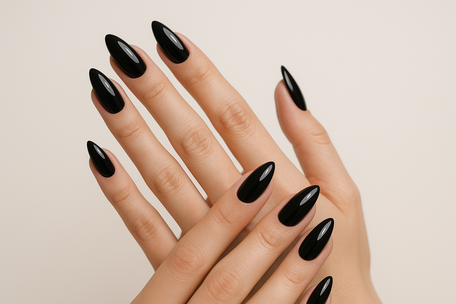 Hands with false black almond shaped  nails
